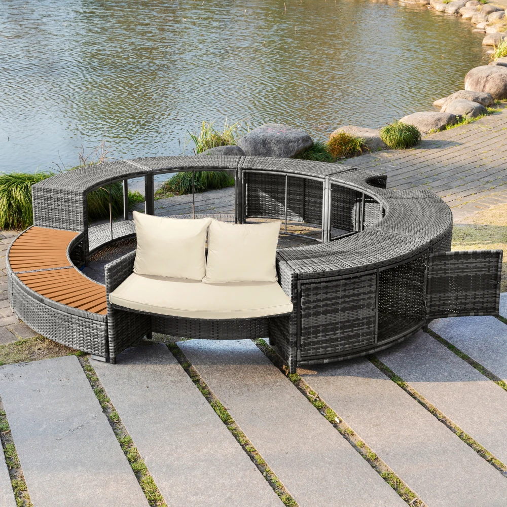 Outdoor Allwetter-Garten-Lounge-Set Rundes Sofa-Möbelset Wasserdicht für Pool Verstellbare Füße mit Weichen Kissen Terrasse Garten