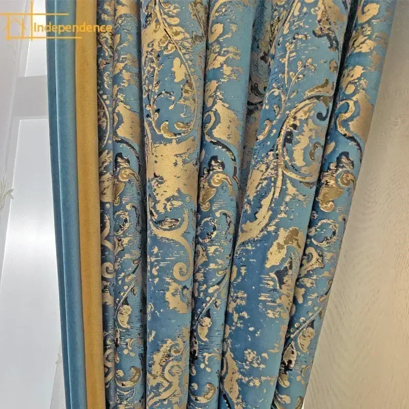 Minimalistische, luxuriöse, blau geschnitzte, bedruckte Samt-Verdunkelungsvorhänge im europäischen Stil, Vorhänge für Wohnzimmer, Esszimmer, Schlafzimmer Image