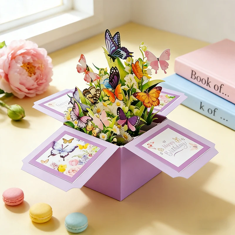 3D-Pop-Up-Grußkarte mit Schmetterling und Blumenstrauß, für Geburtstage. Diese Premium-Karte ist perfekt zum Verschenken an Ihre Frau. Image