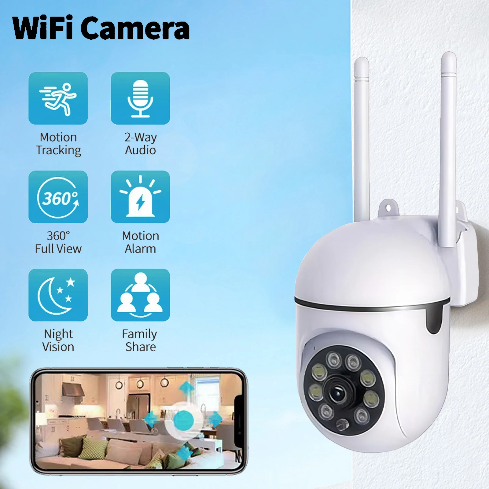 HD Kabellose WLAN-Sicherheitskamera mit 4-fach Zoom, Intelligente Innen-Überwachungskamera mit Nachtsicht, Babymonitor, Außen-CCTV-Kamera Image