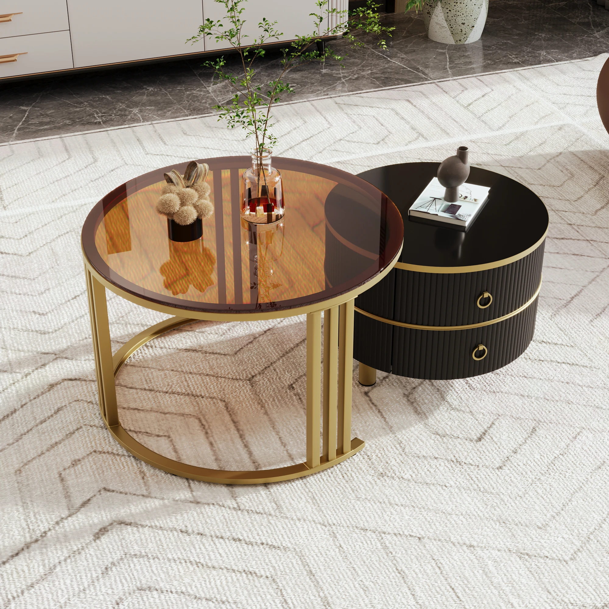 2-in-1-Teetisch, runder MDF-Couchtisch, Beistelltisch mit Schubladen, Metallgriff und goldenen Eisenfüßen, für Büro/Wohnzimmer, Durchmesser 70 cm Image