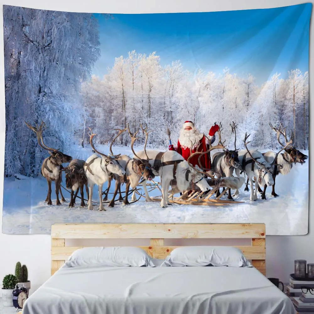 VIKAMA Weihnachtsmann-Schlitten-Wandteppich, wasserdicht und schmutzabweisend, Wohnzimmer, Schlafzimmer, Hintergrund, Wanddekoration, Wandteppich Image