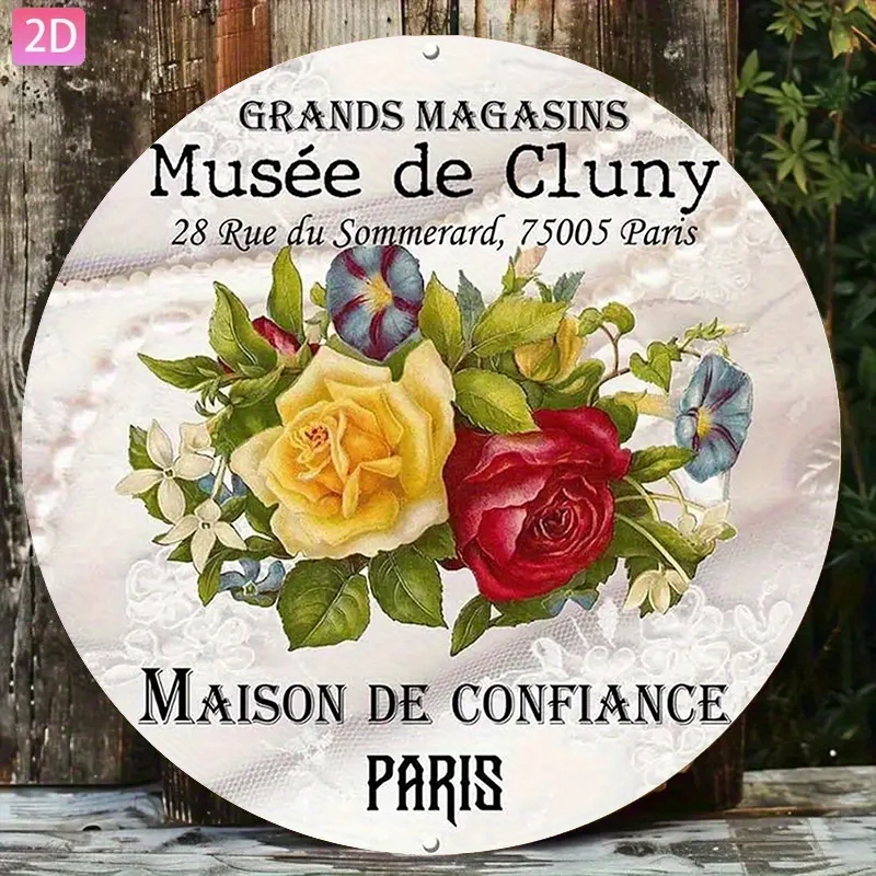 2D Flach, 2D Flach +1 Stück „Maison De Confiance“ rundes Metall-Blechschild Paris Museum Cluny Penny Rose Kranz-Schild Vintage Wanddeko Al