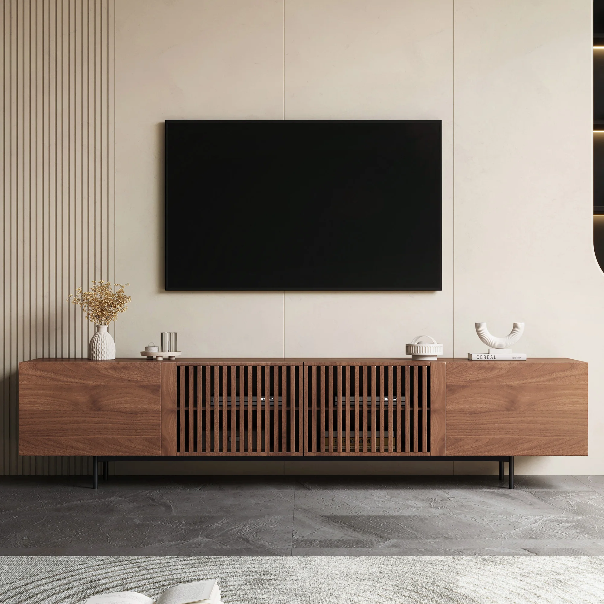 TV Schrank 240 cm passend für 75 Zoll Fernseher, Lowboard mit Lamellentüren und großem Stauraum, vielseitiges TV Board（240cm）