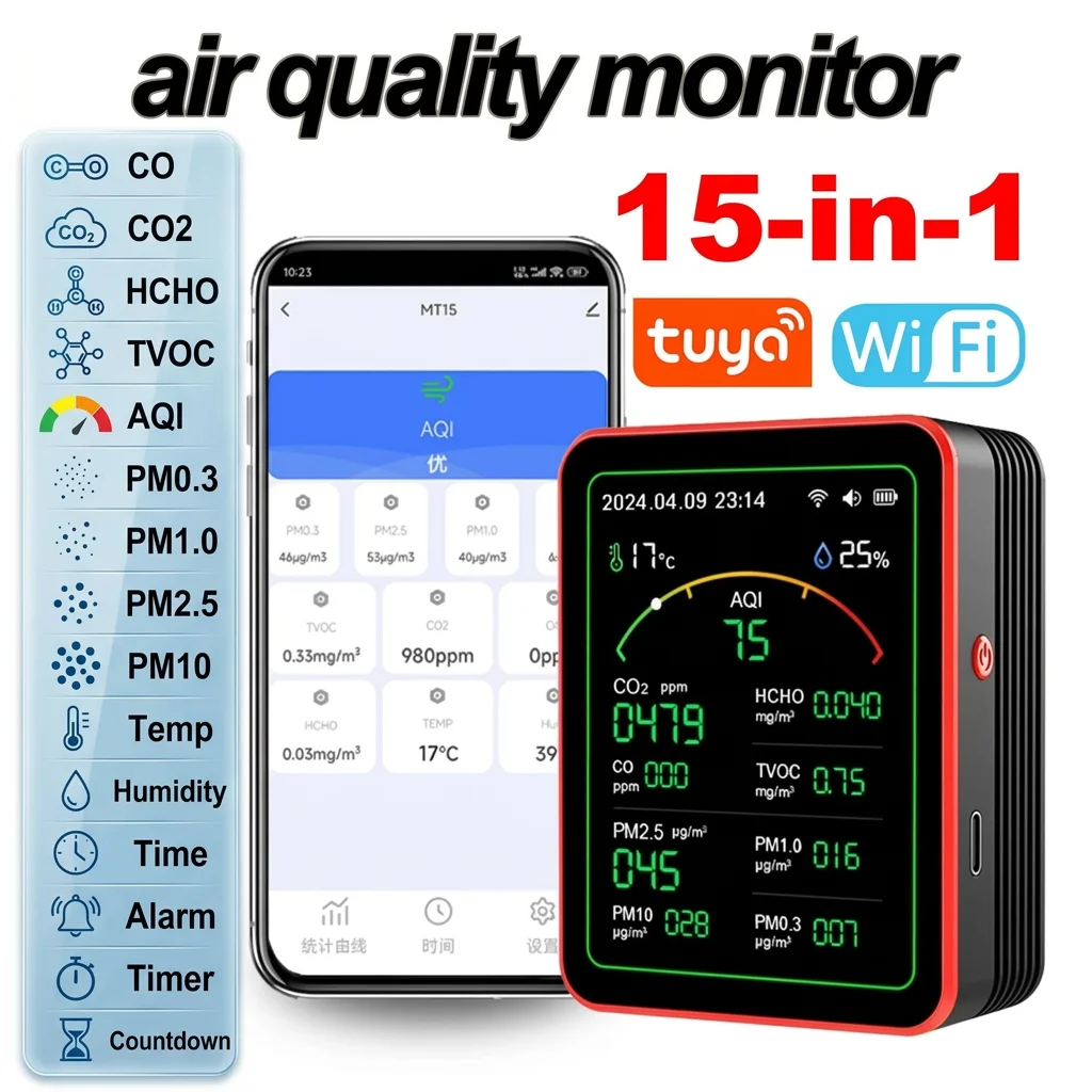 Luftqualitätsmonitor für zu Hause Tuya WiFi App USB wiederaufladbarer Gasdetektor AQI PM2.5 PM10 PM0.3 TVOC HCHO CO CO2-Sensor-Messgerät 15 in 1 Image