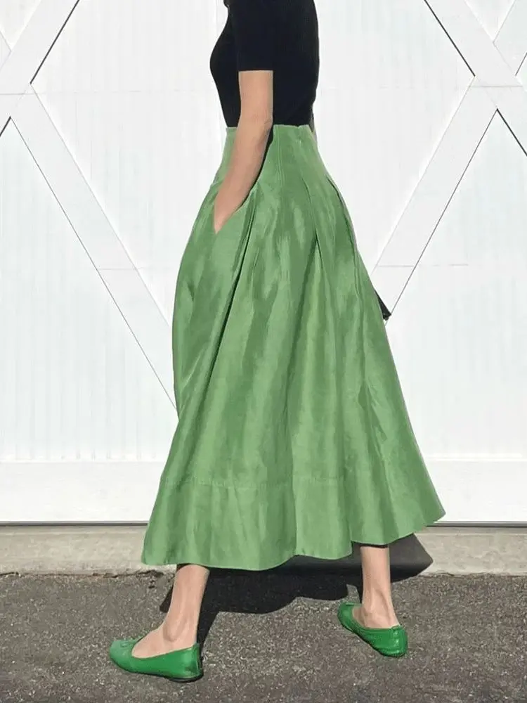 Faldas Mujer Moda Retro Temperament Grün Hohe Taille Schlank Große Regenschirm Röcke Tasche Frauen Gefaltete Lange Casual