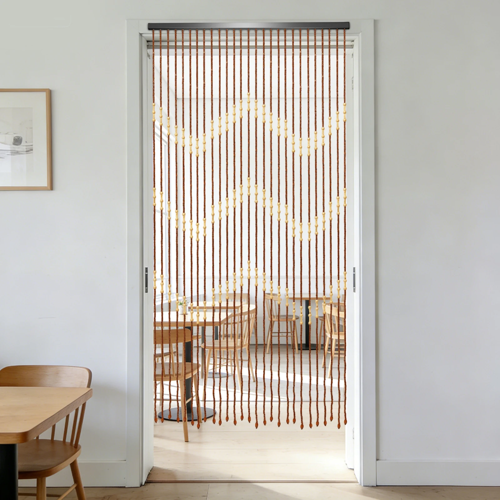 90*175cm Holzperlen-Vorhang Retro Bambus-Optik Türvorhang Ohne Bohren Dekorativer Vorhang für Haus Geschäft Wohnmobil Tür Fenster