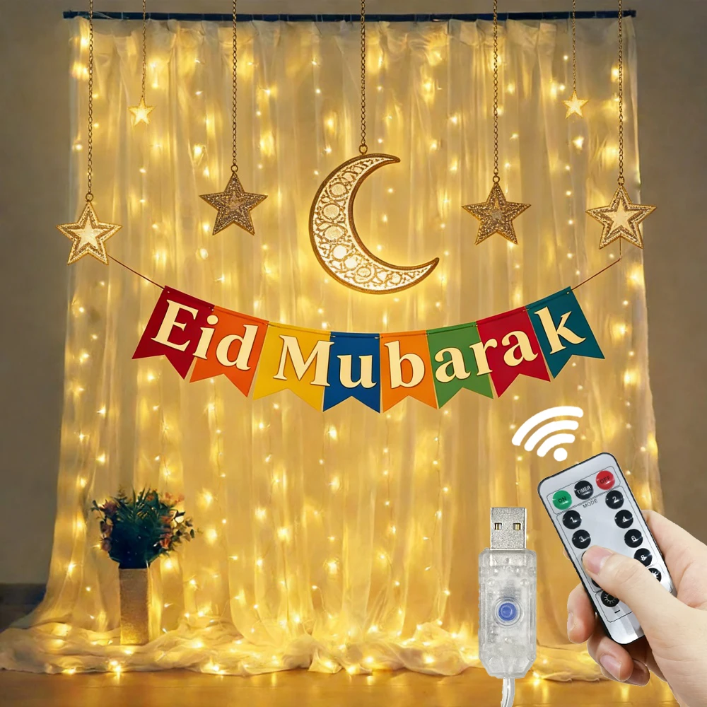 LED-Lichterkette USB mit Fernbedienung 8 Modi Hochzeits-Girlande Lampe für Außen Schlafzimmer Muslimische Ramadan-Dekorationen EID Mubarak