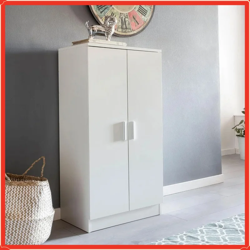 Schuhschrank mit 2 Türen, weiß, 55x108x35 cm, geschlossener Schuhschrank aus Holz, schmaler Design-Flurschrank, Kleiderschrank