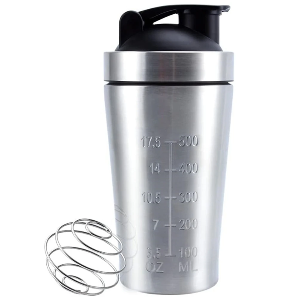 1 Stück Proteinpulver-Shaker-Flasche 500/739ml Edelstahl-Shaker-Flasche mit Skala Auslaufsichere Wasserflasche für Fitness und Sport Image