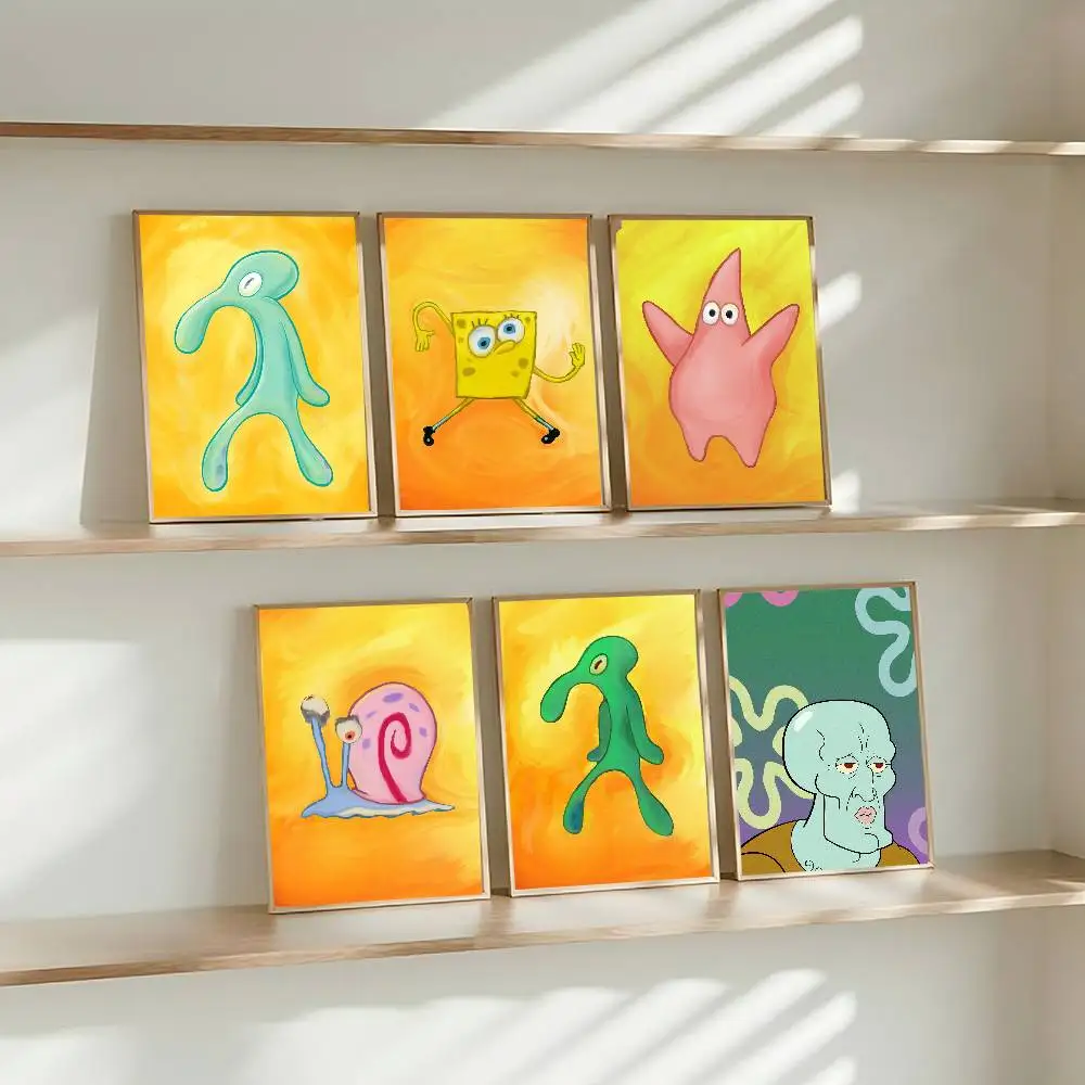 Vintage-Poster, selbstklebende Retro-Kraftpapieraufkleber, DIY-Raumdekoration für Bar, Café, Kawaii-Raumdekoration, Anime S-SpongeBob Squidwards, abstrakte Kunst