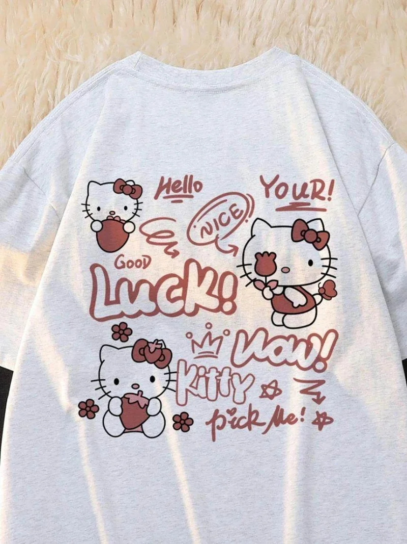 Sanrio 2026 Summer Comic Form Hello Kitty Image 100 % Baumwolle bedrucktes Freizeit-T-Shirt für Erwachsene und Kinder, Eltern-Kind-Oberteil, Homewear, Y2k.