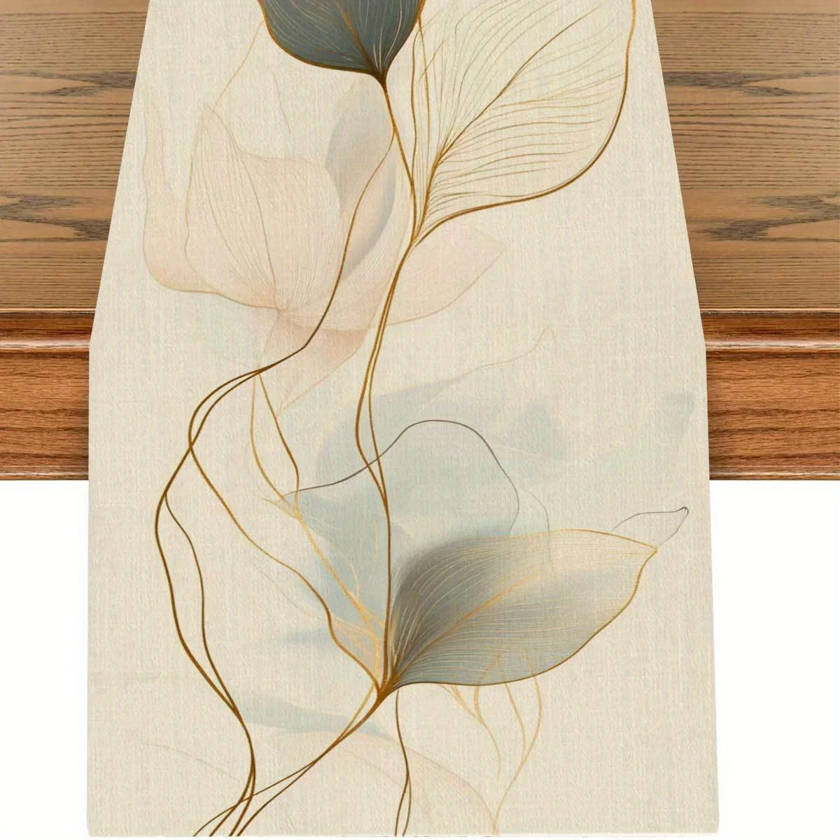 Eleganter Abstrakter Blatt-Tischläufer - Beige mit Goldlinie & Aquarell-Botanik-Design für Esstisch & Moderne Wohnraumdekoration Image
