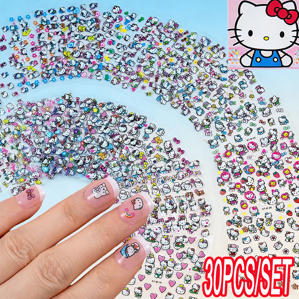 30 Stück/Set 3D Cartoon Hello Kitty Nagelkunst-Aufkleber mit Glitzer, schöne Kitty-Nageldekorationsaufkleber für DIY-Nägel, Kitty-Zubehör