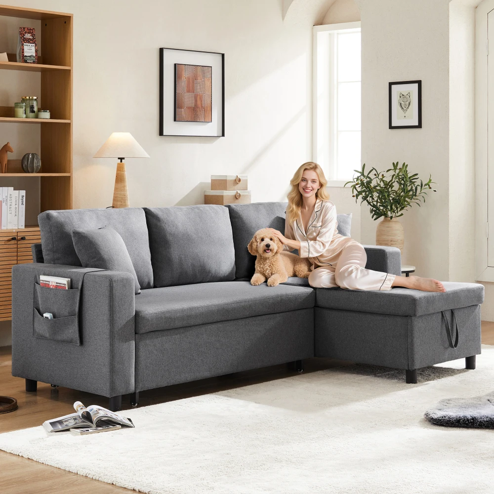 L-förmiges Sofa mit Schlaffunktion, Sofa-Sessel mit Stauraum, Sofa mit Taschenaufbewahrung, Geeignet für Wohnzimmer