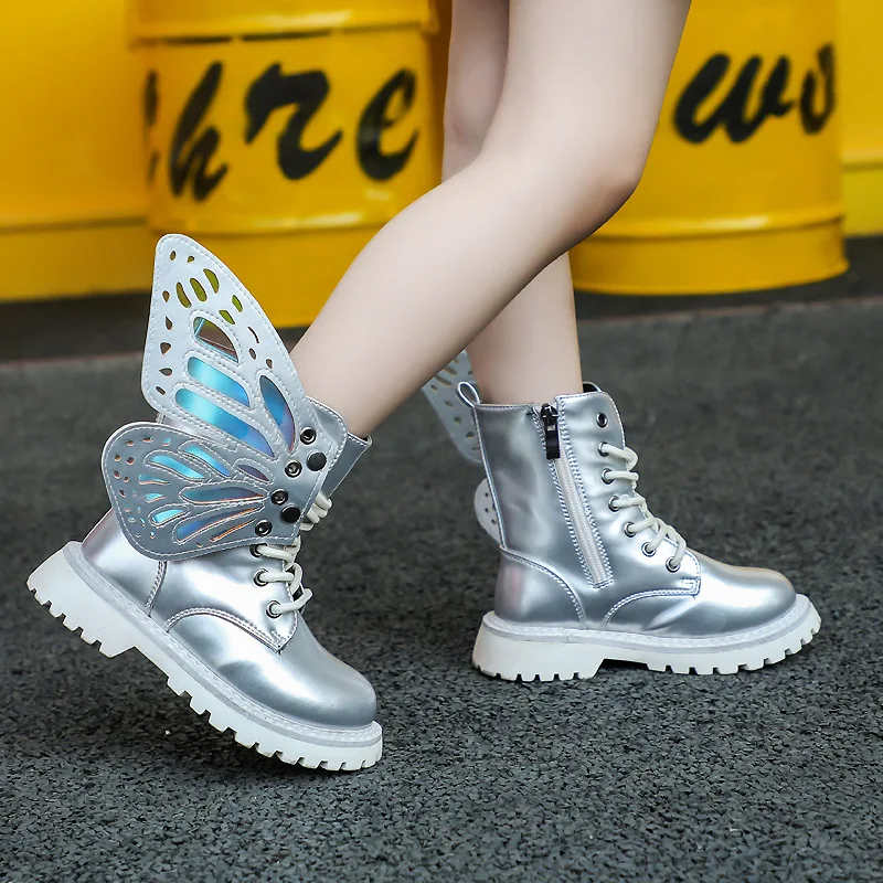 Herbst Winter Mode Schmetterling Prinzessin Botas Casual Non-slip Stiefeletten Silber Patent Leder Kinder Schuhe