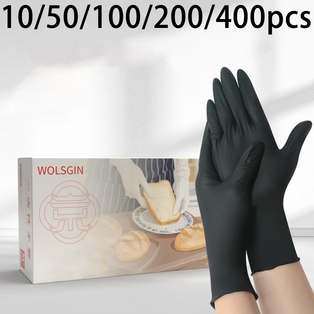 10/50/100/200/400 Stück schwarze Einweghandschuhe aus synthetischem Nitril, geeignet für Küche, Tätowierung und Haushaltsreinigung Image