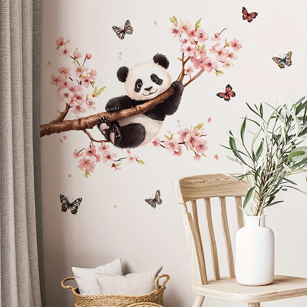 Cartoon Panda Kirschblüten Baum Wandaufkleber Tier Pflanzen Blätter Wandtattoos Schlafzimmer Wohnzimmer Home Decor