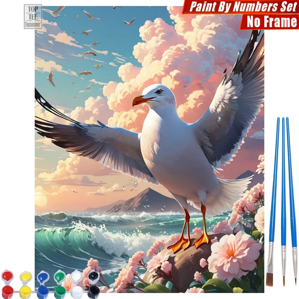 Möwen auf dem Felsen – DIY Digitales Ölgemälde-Set – dramatischer Sonnenuntergang am Meer, Heimdekoration für Schlafzimmer, Halloween-Geschenk für Männer