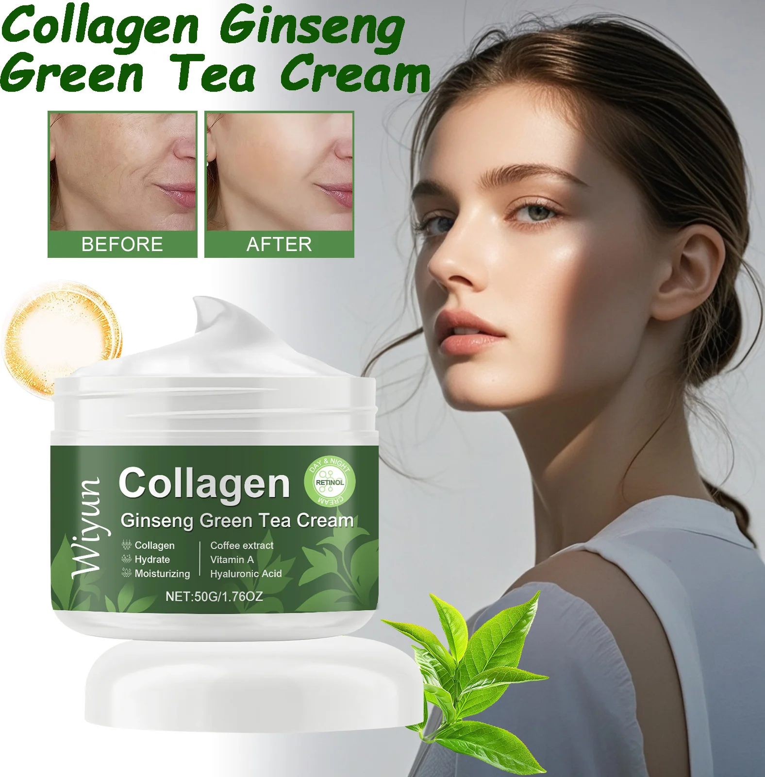 Kollagen-Ginseng-Grüntee-Creme, Anti-Aging-Gesichtscreme, straffende, aufhellende, tief feuchtigkeitsspendende, revitalisierende, nährende Hautpflege Image