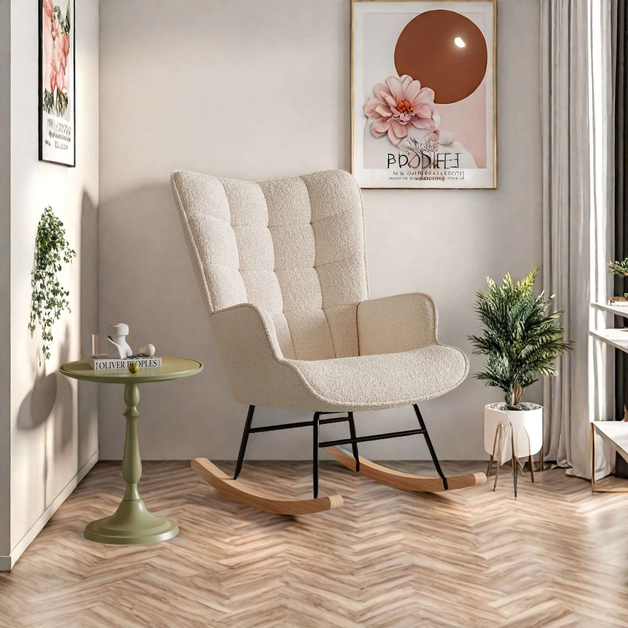 Comanlai Schaukelstuhl im Teddy-Velours-Look, mit Armlehnen, Gepolsterter Sessel mit Holzfüßen, Entspannungsstuhl für Wohnzimmer, Schlafzimmer Image