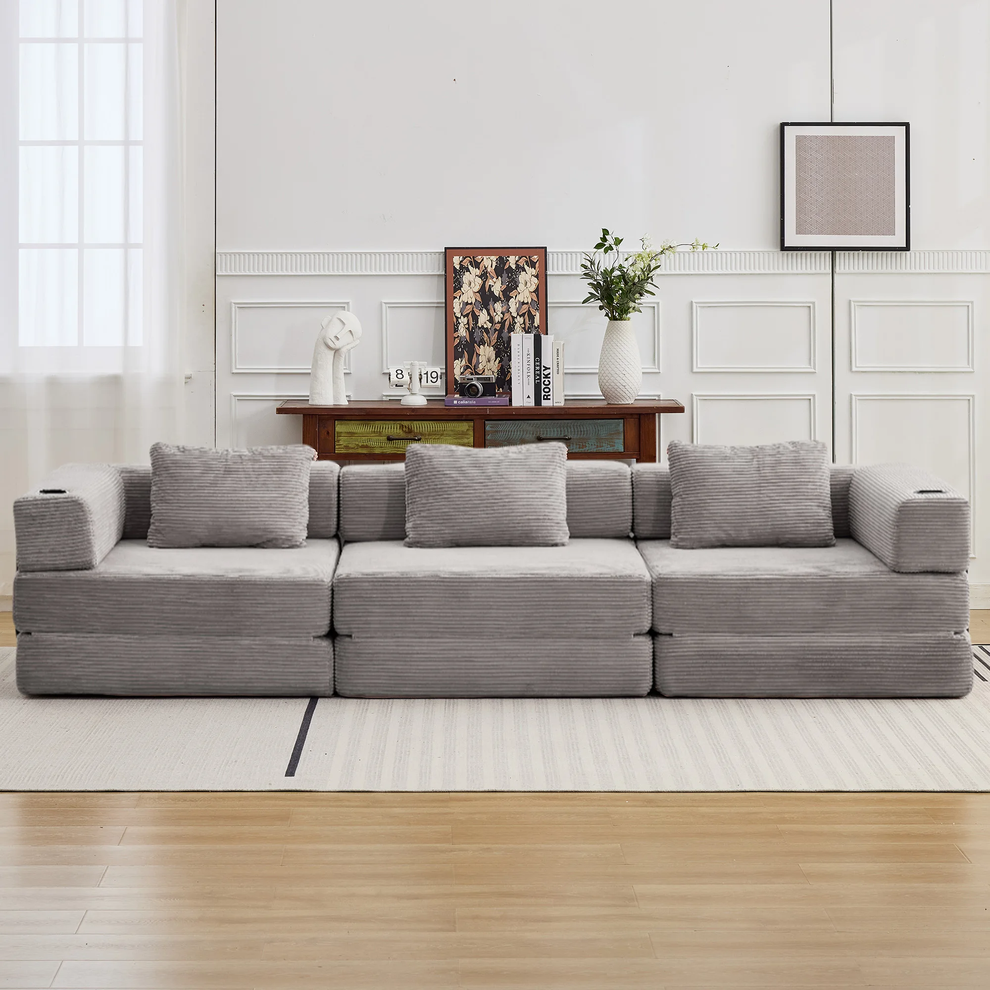 Ohne Montage 3-Sitzer Schlafsofa, Klappbare Bodencouch Umwandelbar in Geräumiges Bett, Mehrpersonen-Cordsofa für Wohnzimmer