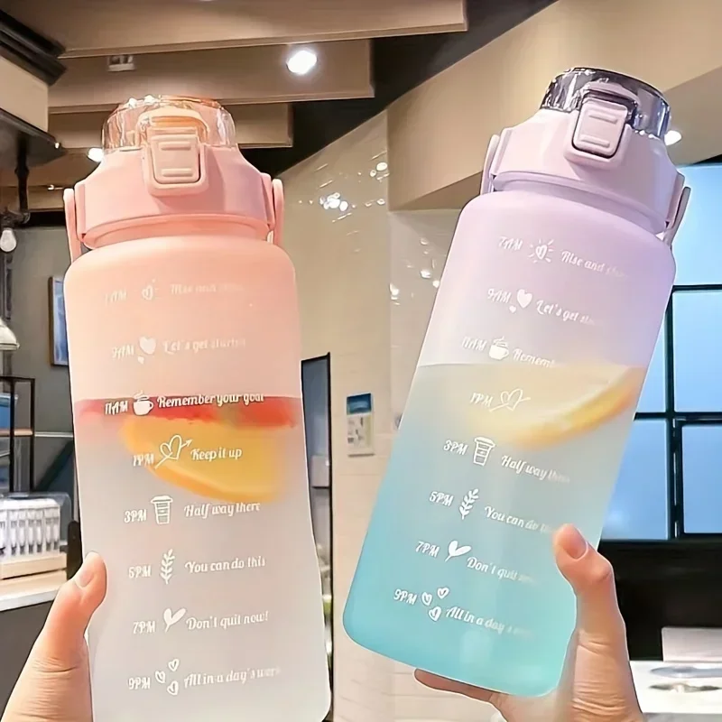2L Wasserflasche mit Strohhalm, große Kapazität, Sportwasserflasche, Reisen, Fitness, Sport, tragbare Trinkflaschen mit Zeitmarkierung Image