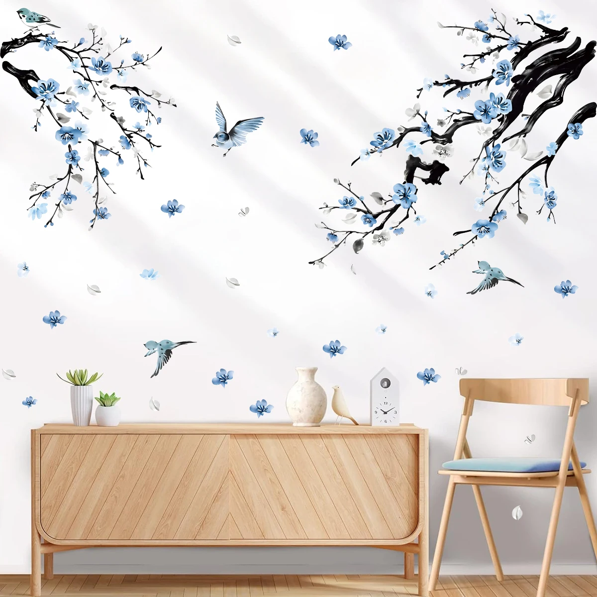 Aquarell blaue und weiße Porzellan Zweig Vogel Wandaufkleber für Schlafzimmer Wohnzimmer TV Hintergrund Home Dekoration Wandtattoo