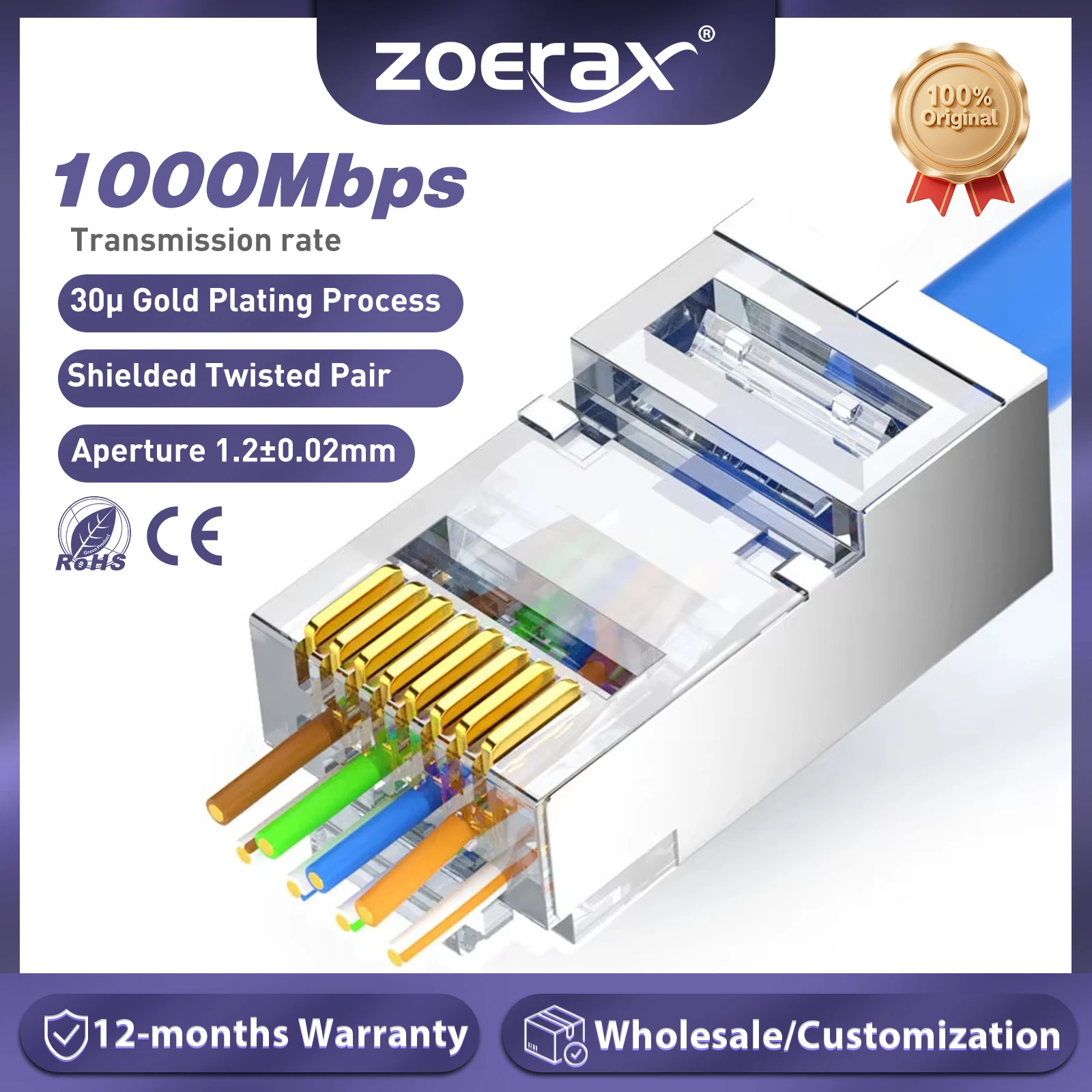 ZoeRax RJ45 Cat6A Cat6 Cat5e Pass-Through-Stecker, vergoldeter 3-poliger 8P8C-Modularstecker für UTP/STP-Strand-Ethernet-Kabel