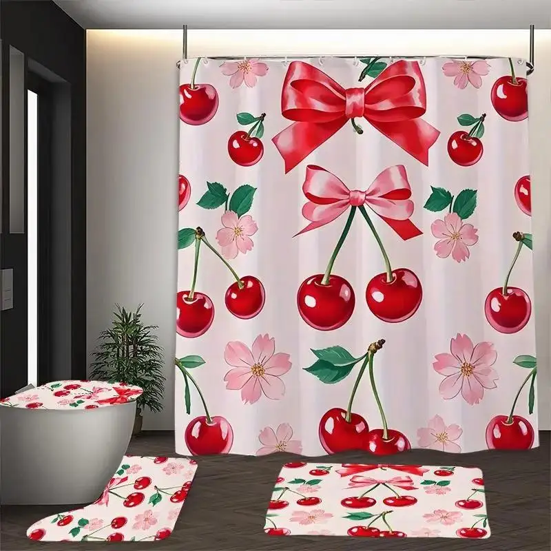 1-teiliges Duschvorhang-Set mit Kirschblütenmuster, rutschfeste Bodenmatte, U-förmiger Teppich, Toilettensitzbezug, perfekt für die Badezimmerdekoration, zur Verschönerung des Raumes, inklusive 12 Image