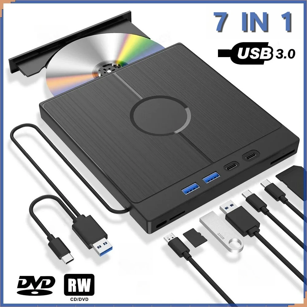 7-in-1 USB 3.0 Typ-C externes CD-DVD-RW-Laufwerk, optischer DVD-Player, Brenner, Lesegerät, Multifunktionslaufwerk für Laptop, Windows, Mac, PC Image