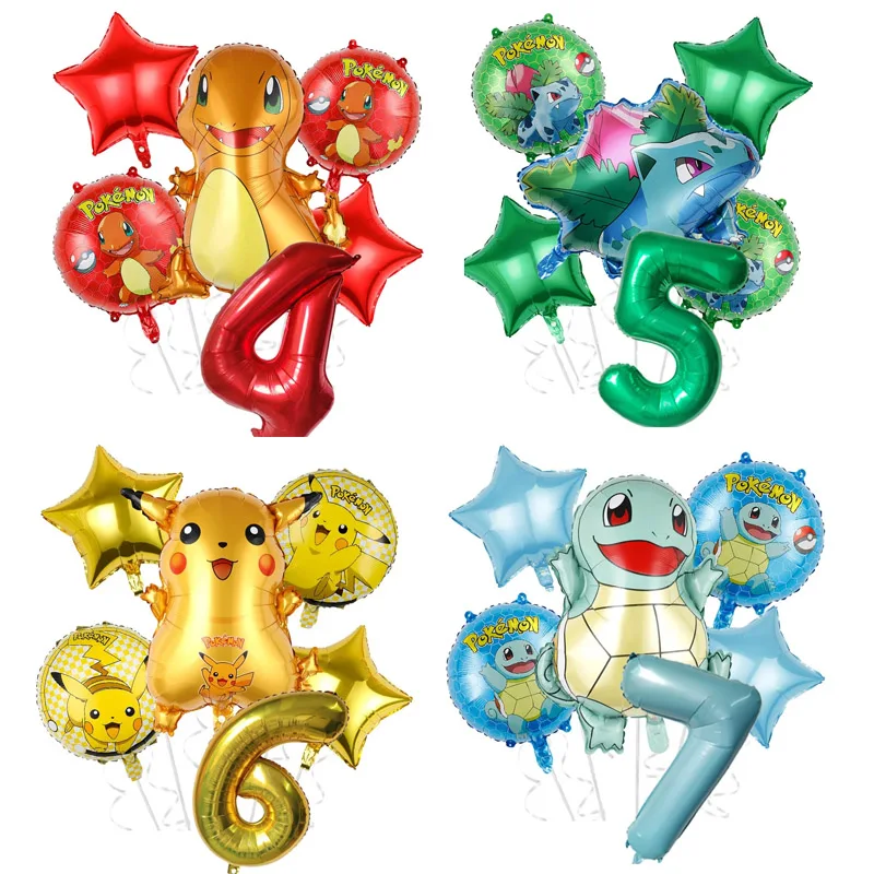 6 Stück Pokemon Pikachu Charmander Cartoon-Folienballons Anime-Thema Kindergeburtstag Partydekoration Pokeball Pentagramm-Ballon Image