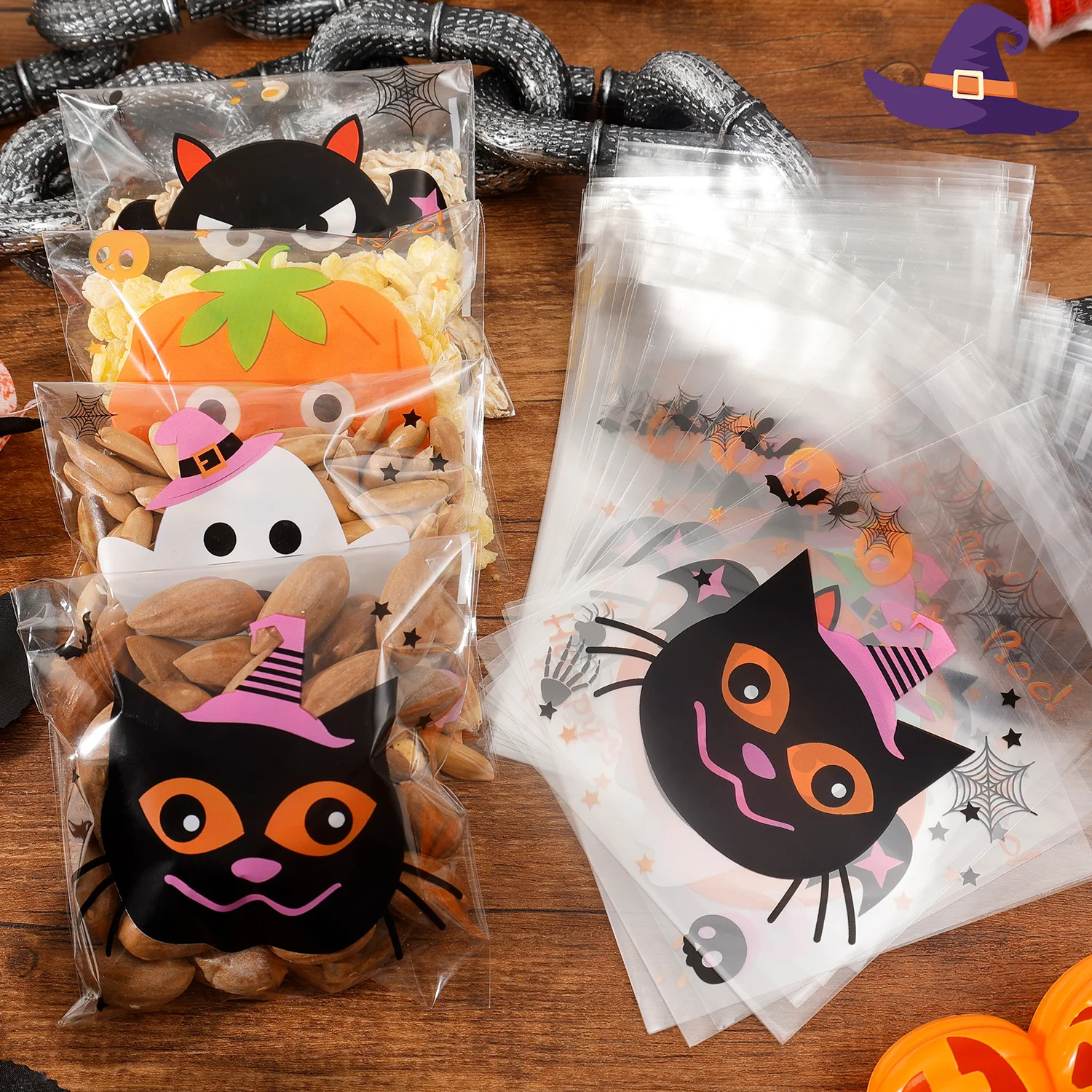 500/100 Stücke Gruselige Halloween Süßigkeiten Tasche Selbstklebende Kunststoff Snack Cookies Paket Taschen Halloween Party Dekorationen Kinder Geschenke Image