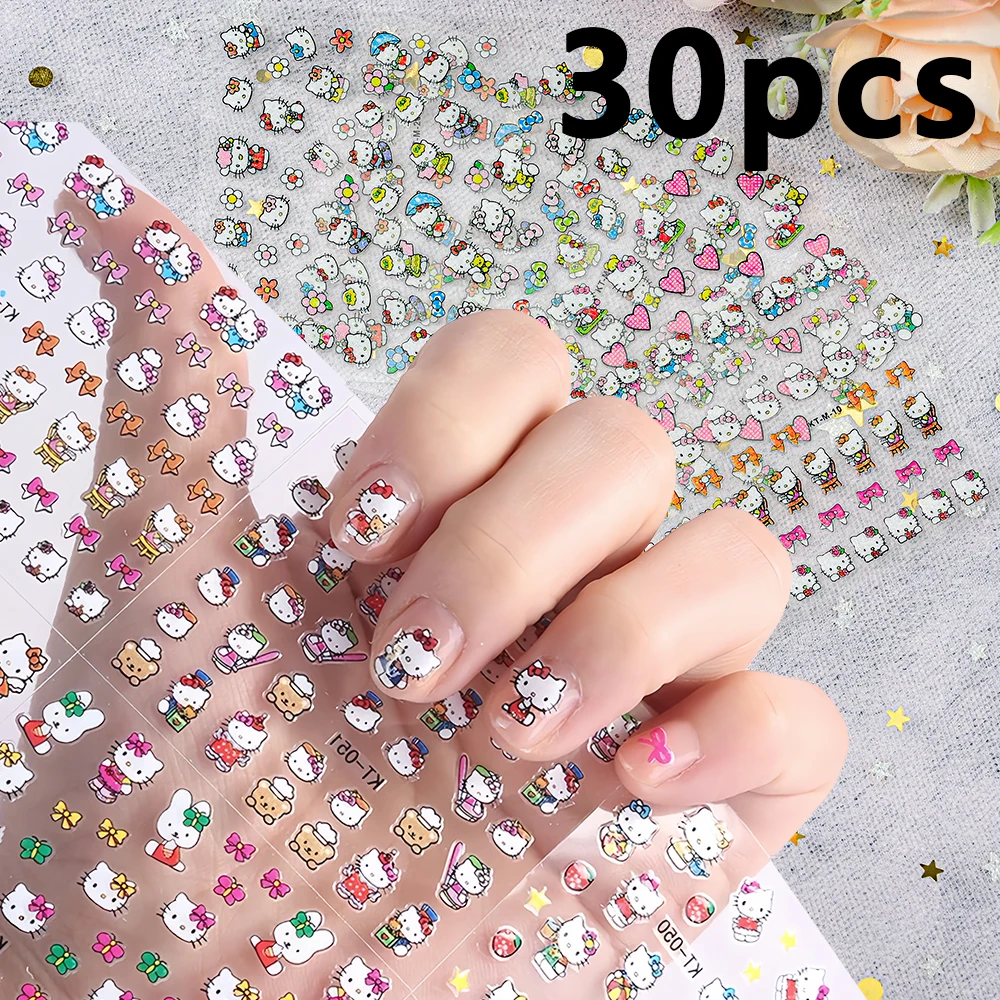 30 Stück Hello Kitty Mini Funkelnde Nagelaufkleber Bunte Liebes-Schleifen-Blumen Kinder-Nagelsticker-Set Kawaii Kopfhörer Dekorative Aufkleber