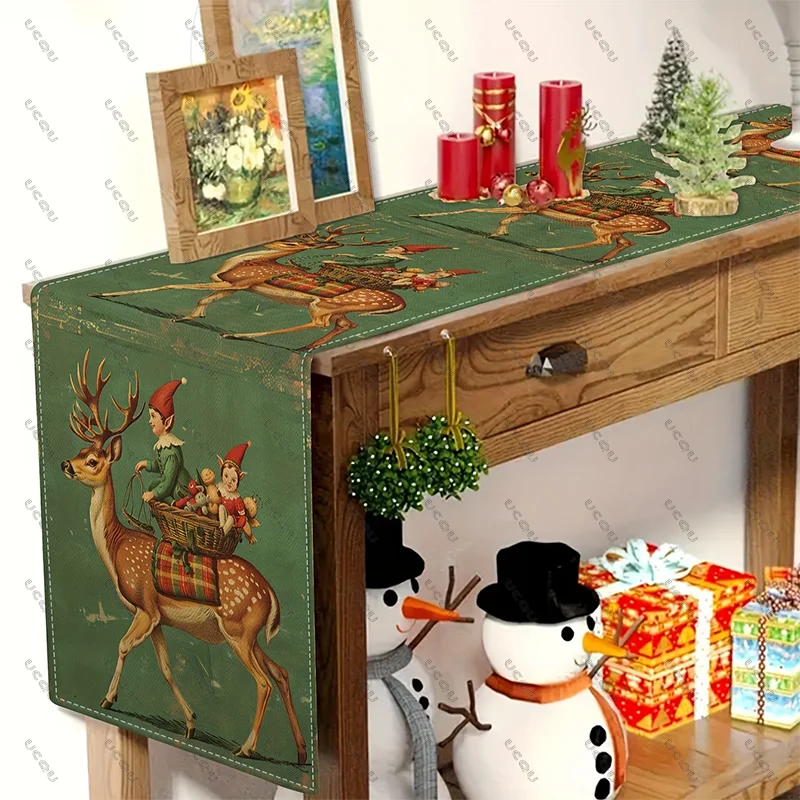 Vintage Tischläufer Frohe Weihnachten Urlaub Tuch Familie Party Küche Geschenk Dekoration Weihnachten Winter Weihnachtsmann Rentier Dekor Image