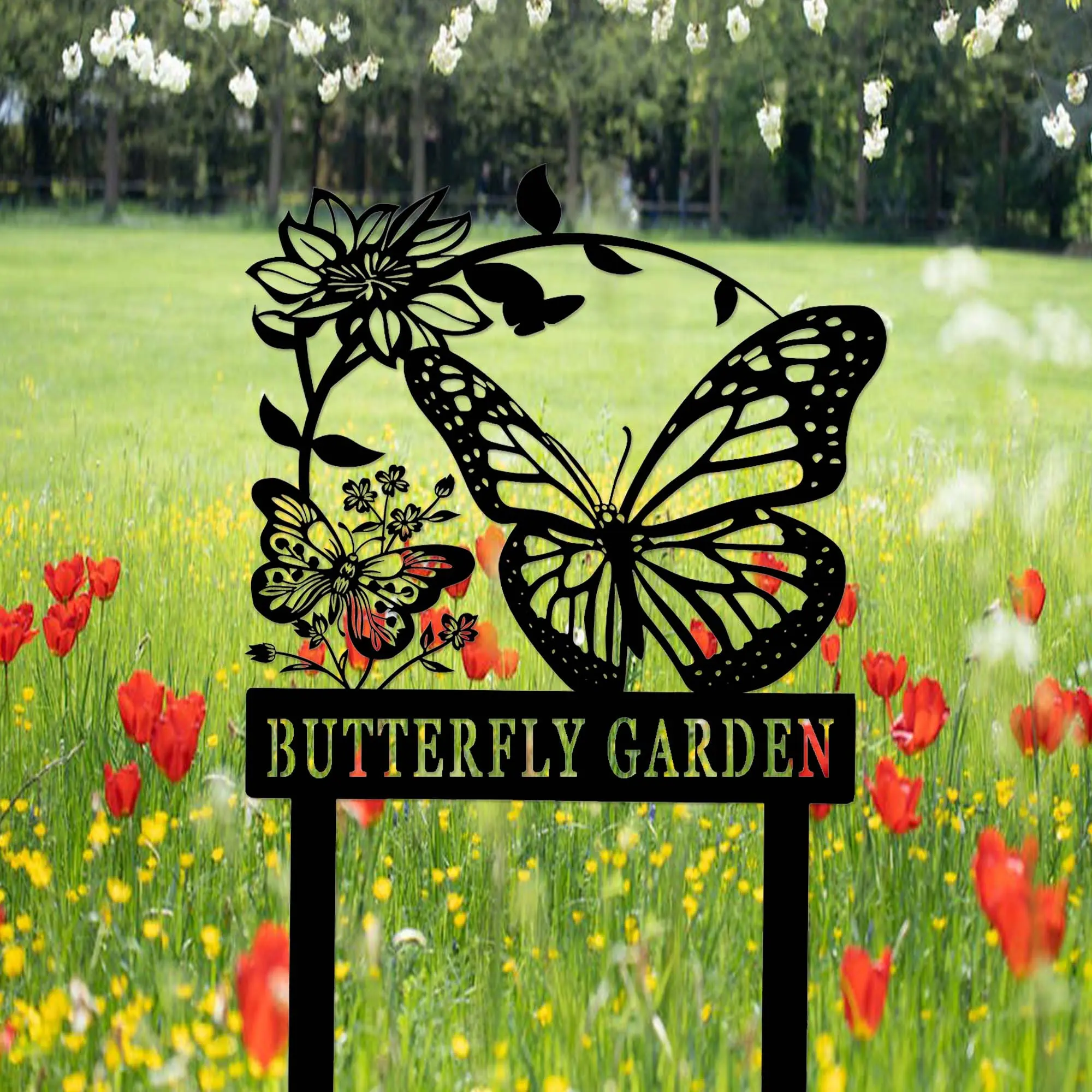 Panneau de jardin personnalisé avec papillons, Piquet de jardin en métal avec papillons, Panneau nominatif personnalisé pour jardinier, Art de jardin avec papillons, Art de jardin en métal