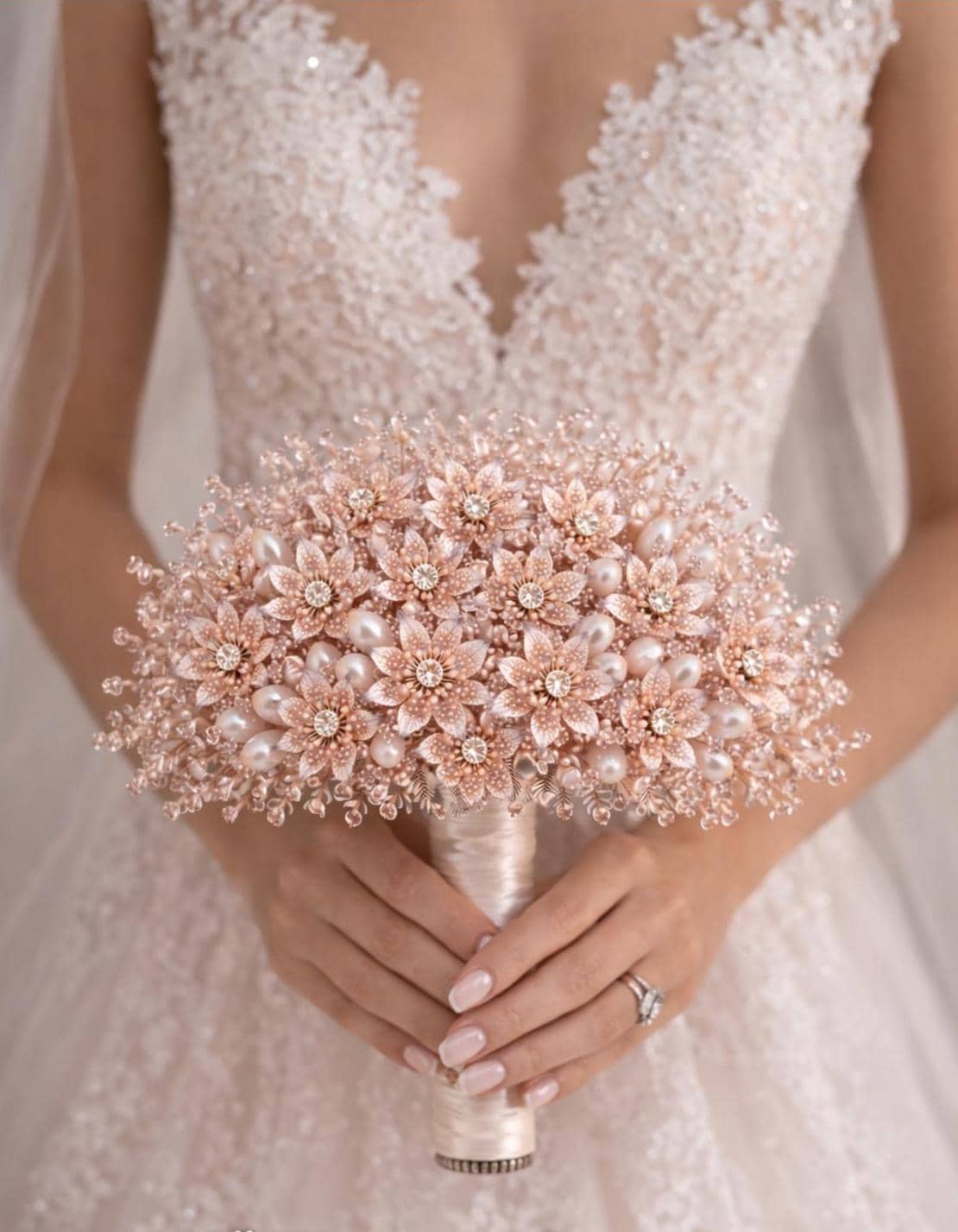 Bouquet da sposa in cristallo color oro rosa, bouquet da sposa di lusso, fiori da sposa metallizzati, bouquet da sposa con perle di strass, accessori