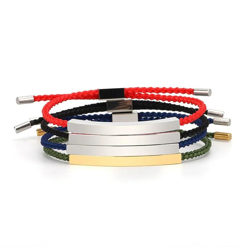 Bracelet en corde réglable avec logo personnalisé acier inoxydable plaqué or 18 carats bracelet en corde de nylon minimaliste bijoux gravés pour hommes et femmes