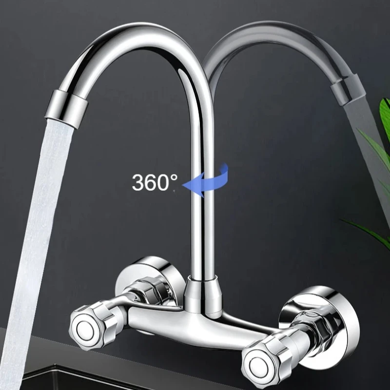 Kitchen Mixer Tap Wall Mounted Double Handle Bathroom Faucets Cold and Hot Water Tap 360° Rotation Sink Faucet Splash Proof