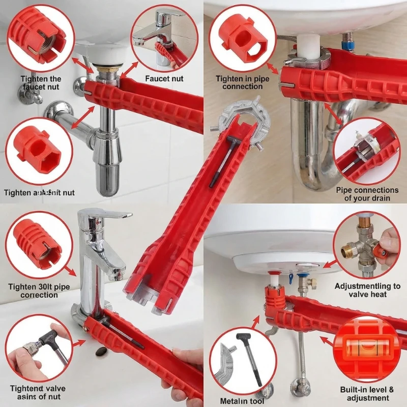 14-in-1-Wasserhahn-Schlüssel, Sanitär-Reparaturwerkzeug, rutschfester Griff, Doppelkopf-Schlüssel, Badezimmer-Sanitär-Wasserheizungs-Schraubenschlüssel