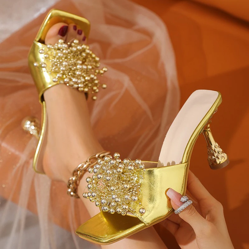 Eilyken Sommer Fashion Square Toe Frauen Hausschuhe String Perlen High Heels Böhmischen Sandalen Damen Schuhe Zapatos De Mujer