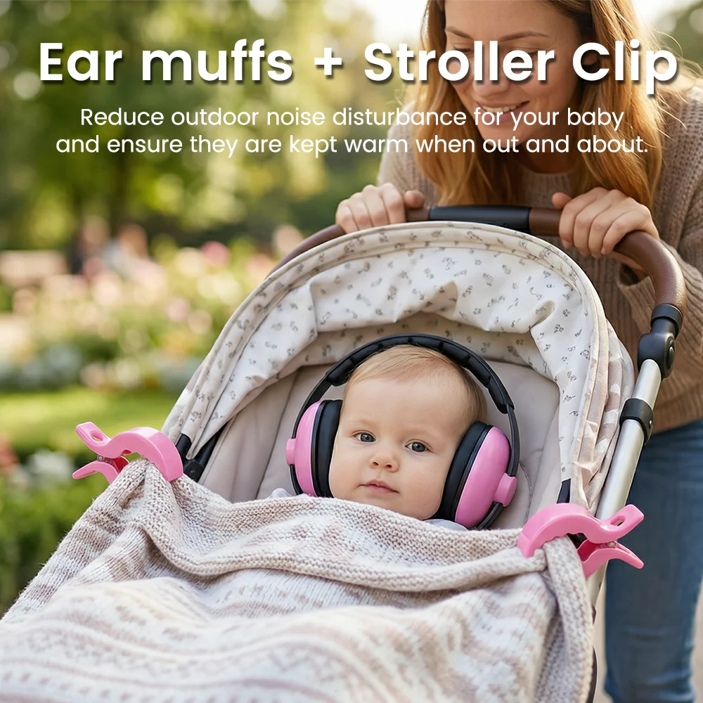 Baby-Ohrenschützer & Kinderwagen-Clips-Set – 25 dB Lärmreduzierung, verstellbarer & weicher Gehörschutz für Kleinkinder, hält das Baby warm & bequem