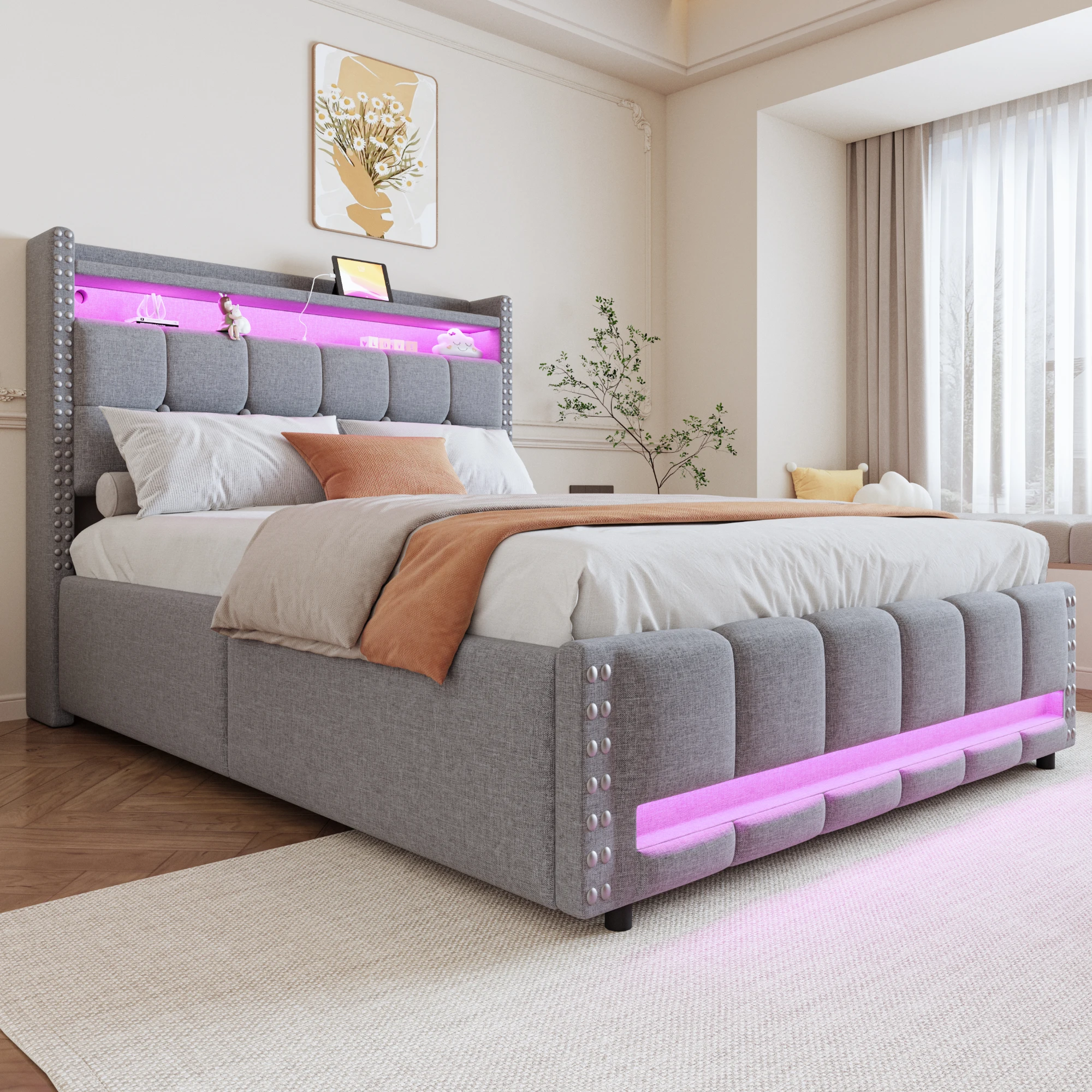 KOMHTOM Polsterbett Doppelbett 140x200 cm mit LED Beleuchtung USB Steckdose Kopfteil mit Stauraum sowie Hydraulik Lagerung Image