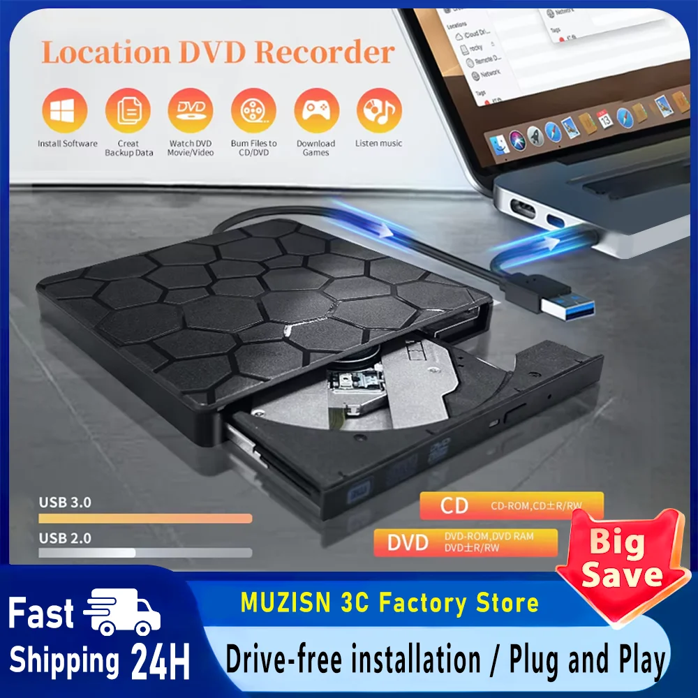 2-in-1 Externes DVD-RW-Laufwerk USB 3.0 Typ-C Schnittstelle Schlankes DVD-CD-Brenner-Lesegerät Optisches Laufwerk für Laptop Notebook Image