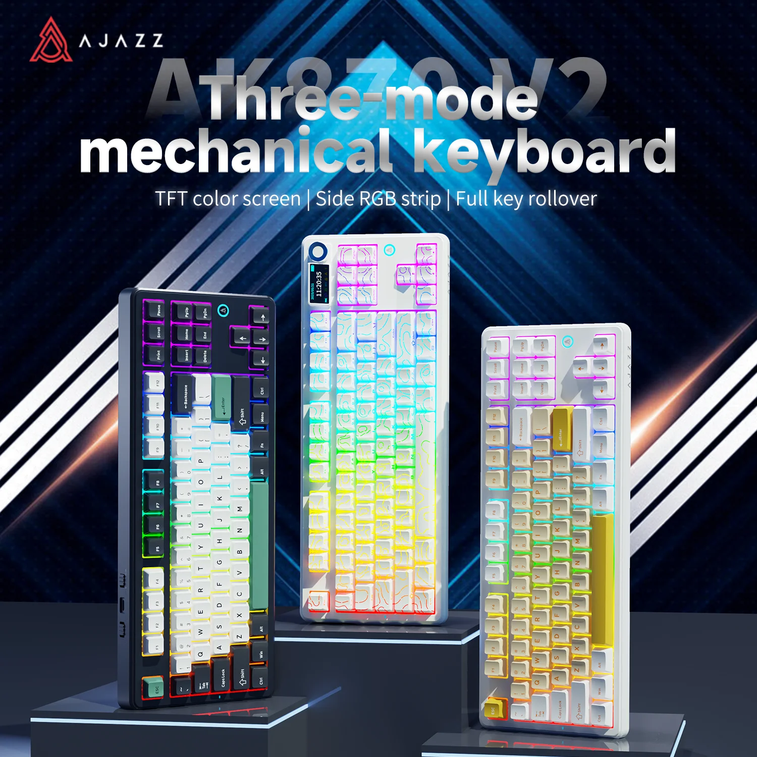 AJAZZ AK870 V2 87-Tasten-Mechanische Tastatur, 3-Modus Wireless, Hot-Swap, TFT, RGB, Muffling, Lautstärkeregler, USB-C-Aufladung Image