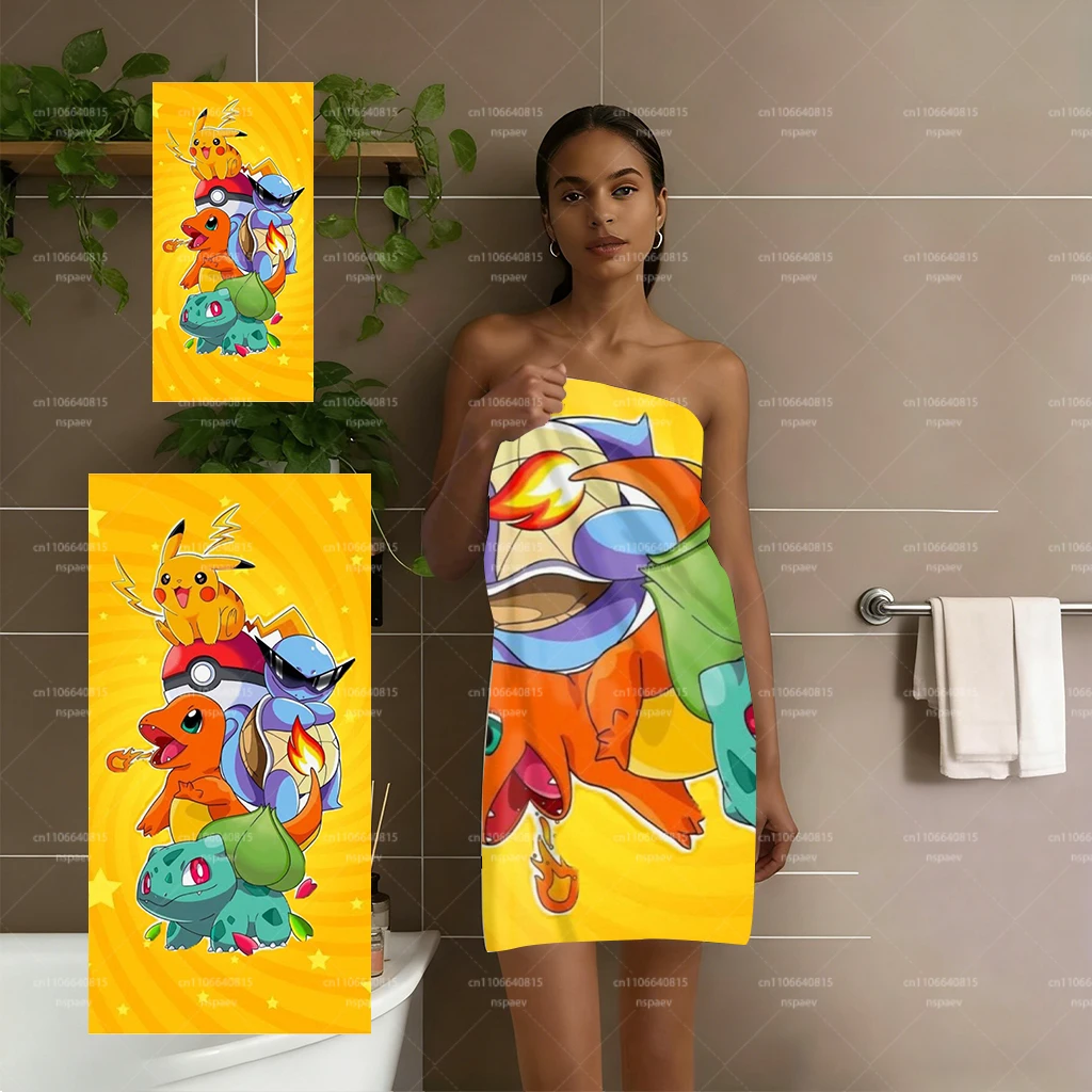 1 Stück Pokemon Starters Strandtuch, Pikachu Charmander Squirtle Bulbasaur Aufdruck, Mikrofaser Schnelltrocknendes Badetuch für Pool und Strand Image