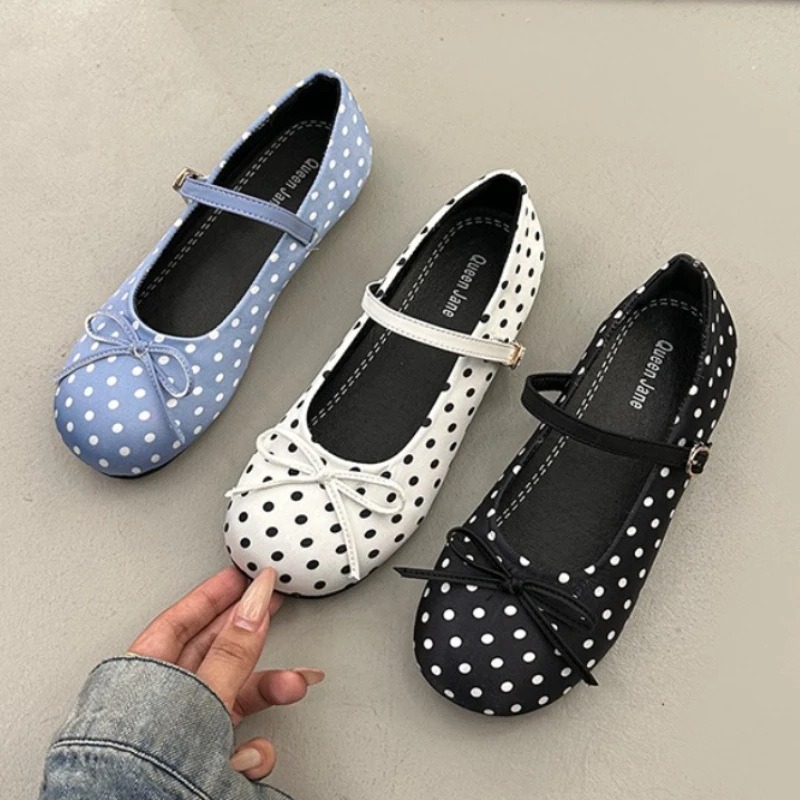 Polka Dot Damen-Ballerinas, schlichte, flache Schuhe mit runder Zehenpartie, weiche Sohle, elegante Damen-Mary-Jane-Schuhe mit Schmetterlingsknoten