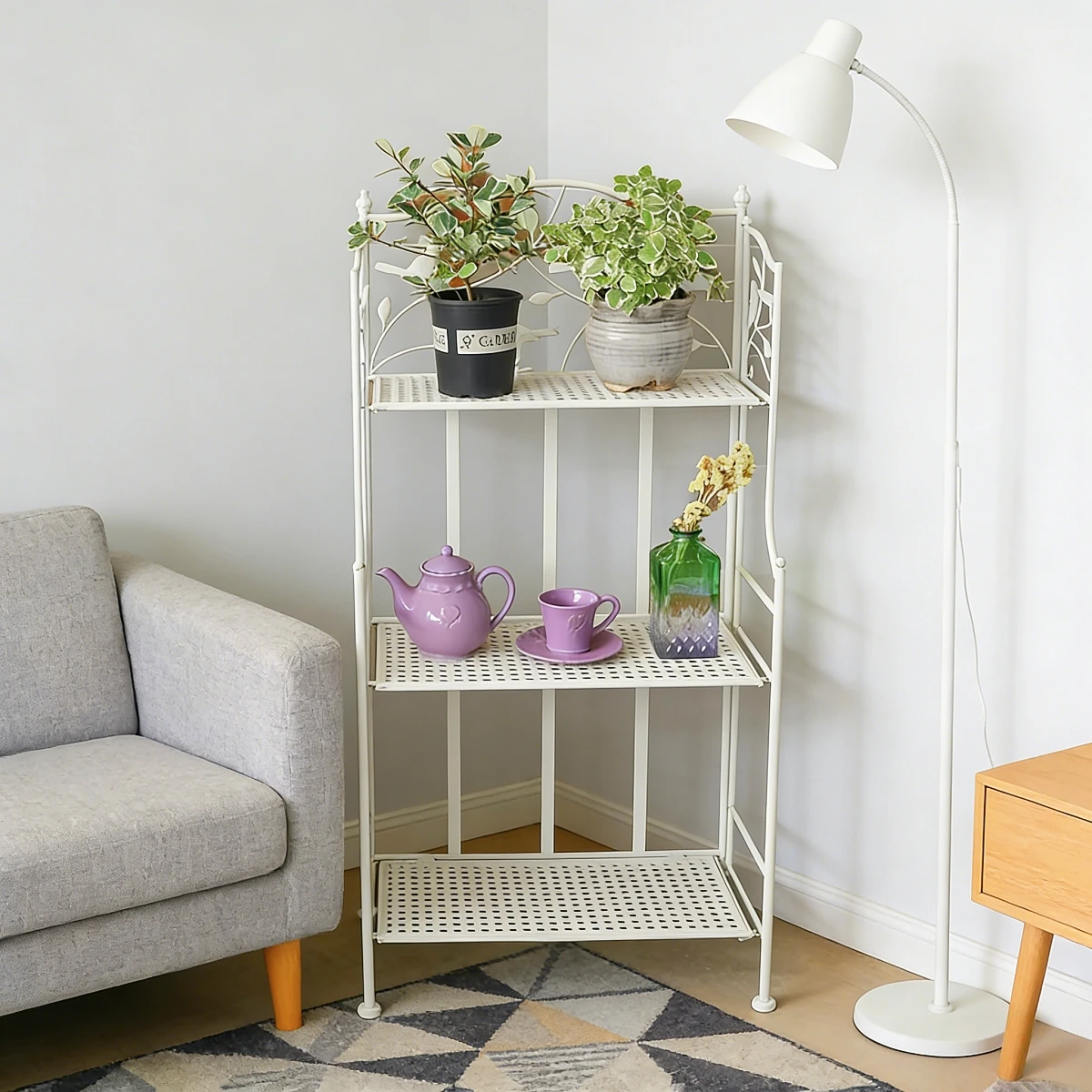 Retro Schmiedeeisen Dreistufiges Aufbewahrungsregal, Weißer Vogelgeschnitzter Freistehender Blumenständer, Multifunktionales Aufbewahrungsregal für Balkon, Wohnzimmer und Außenbereich Image