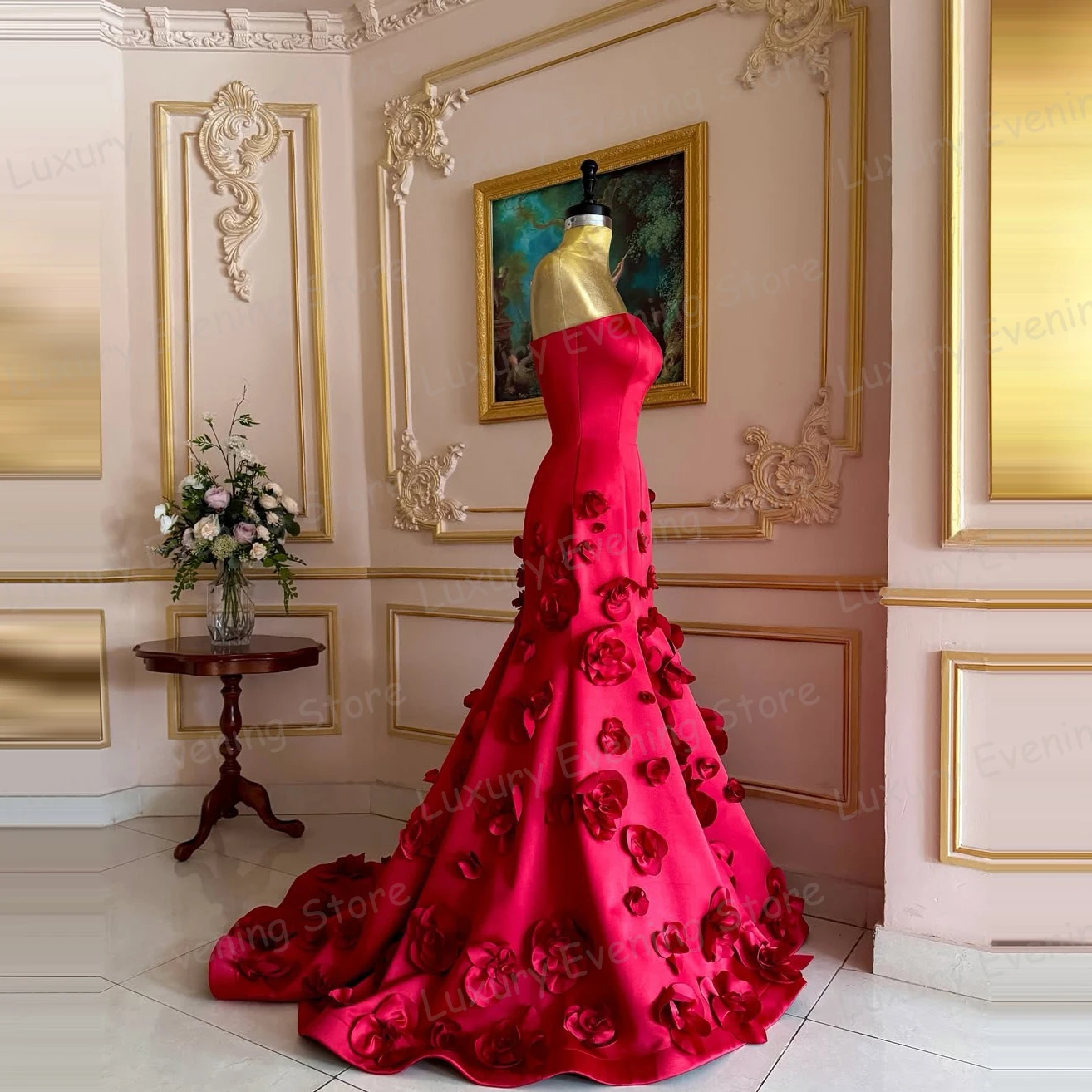 Luxus Rote Abendkleider Sexy 3-D Blumen Ärmellose Liebsten Elegante Prom Kleider Party Angepasst Mode Vestidos De Noche