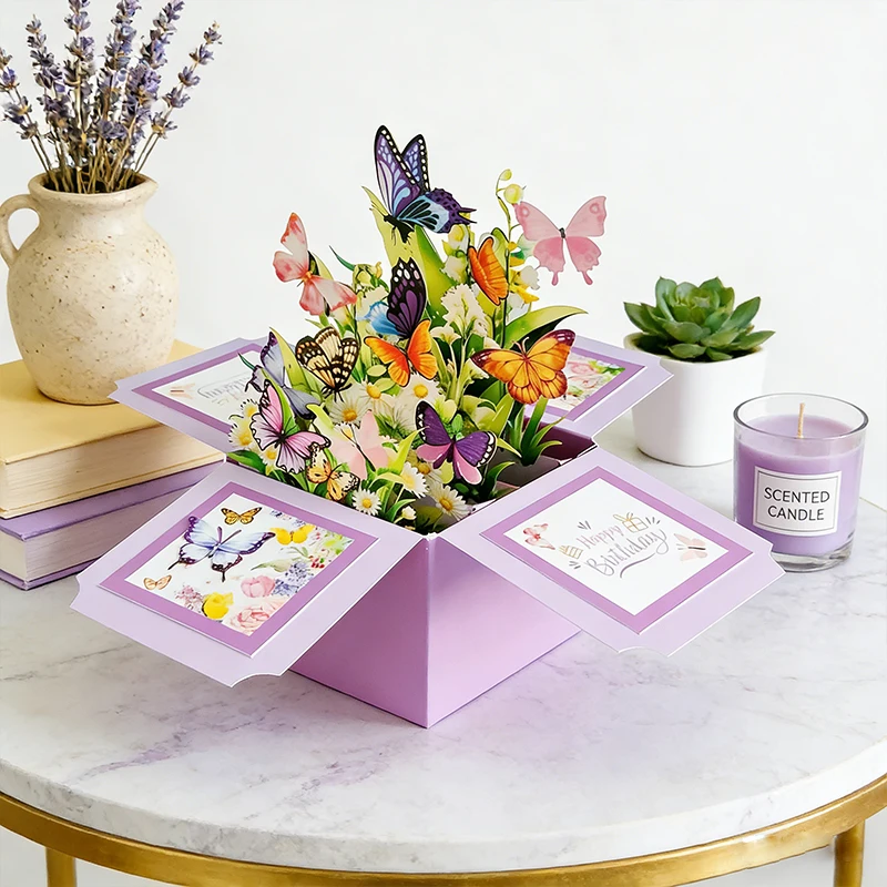 Eine Pop-up-Grußkarte zum Geburtstag mit Umschlag – mit einem lebhaften Party-Design und einem eleganten, bezaubernden Schmetterlingsdesign Image